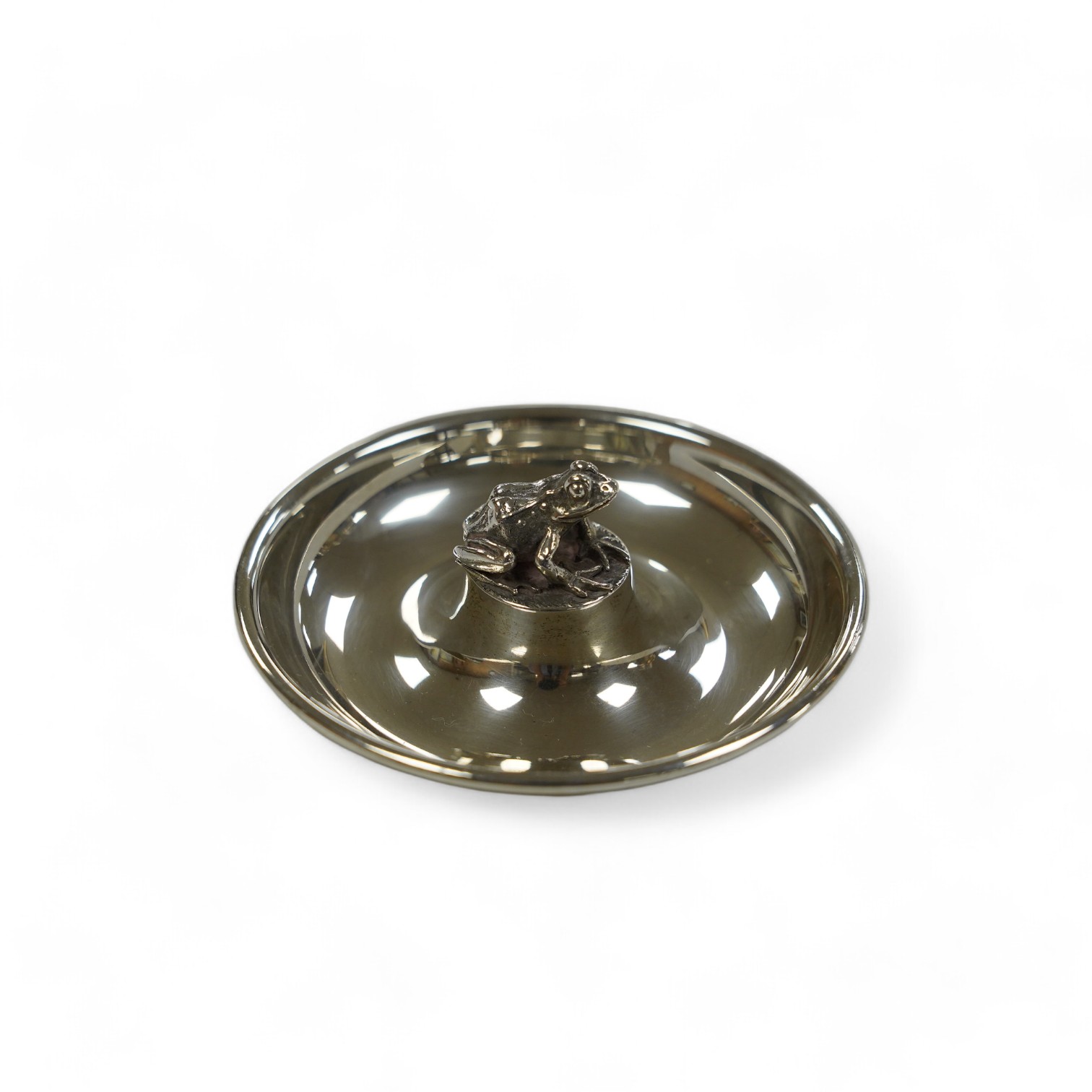 A modern silver circular dish with central model of a frog, by Brian Leslie Fuller, London, 1996, 91mm. Condition - fair to good